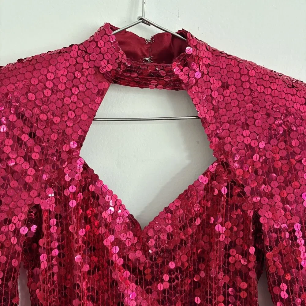 Vintage 80s NITELINE Size 4 Dress Dark Pink Sequins STRETCH Evening Party Club - Picture 2 of 12